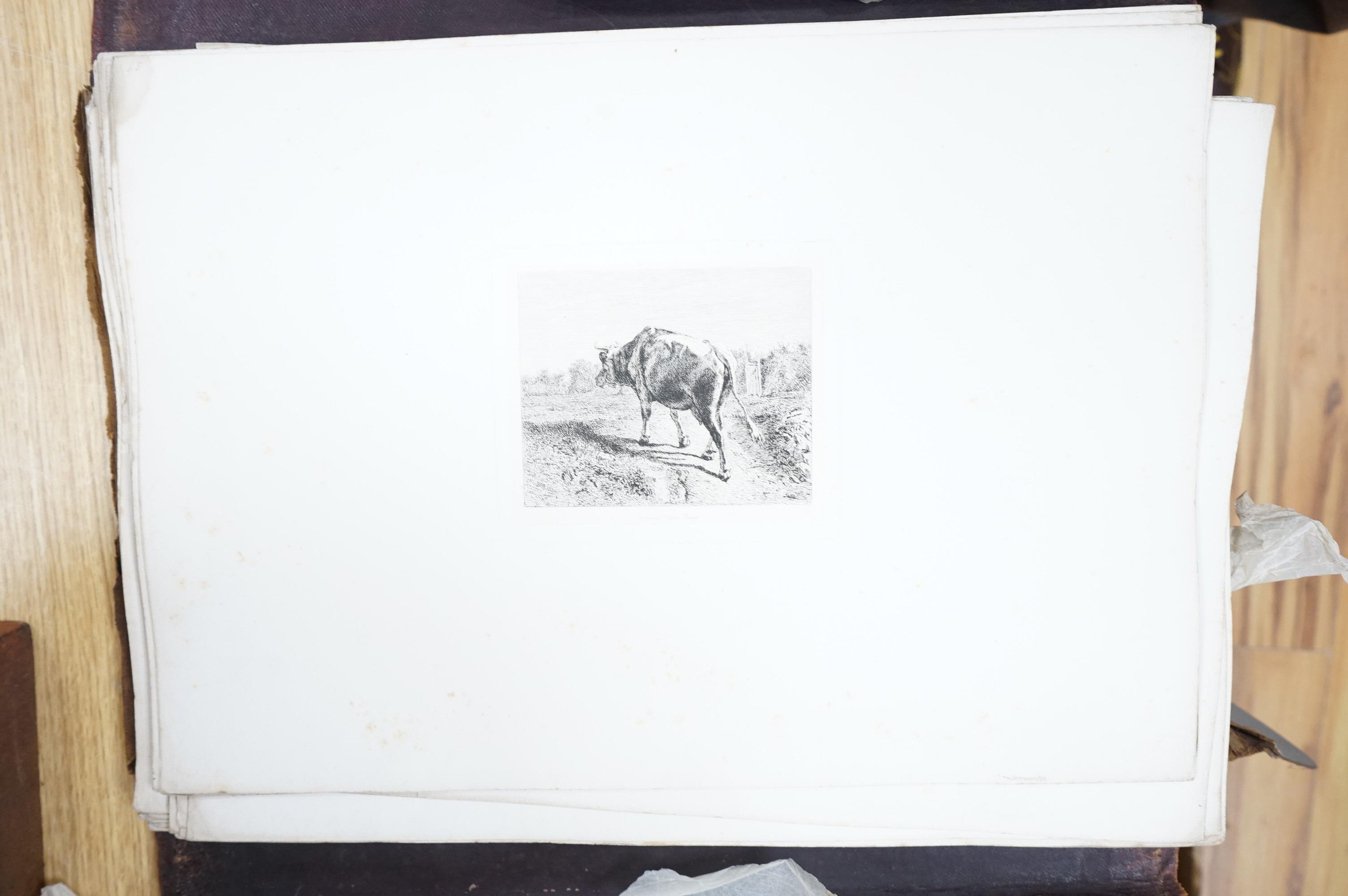 A large folio of etchings, to include after Eugene Delacroix, 'The mourning of Christ', each 45 x 32cm, housed in a leather folder